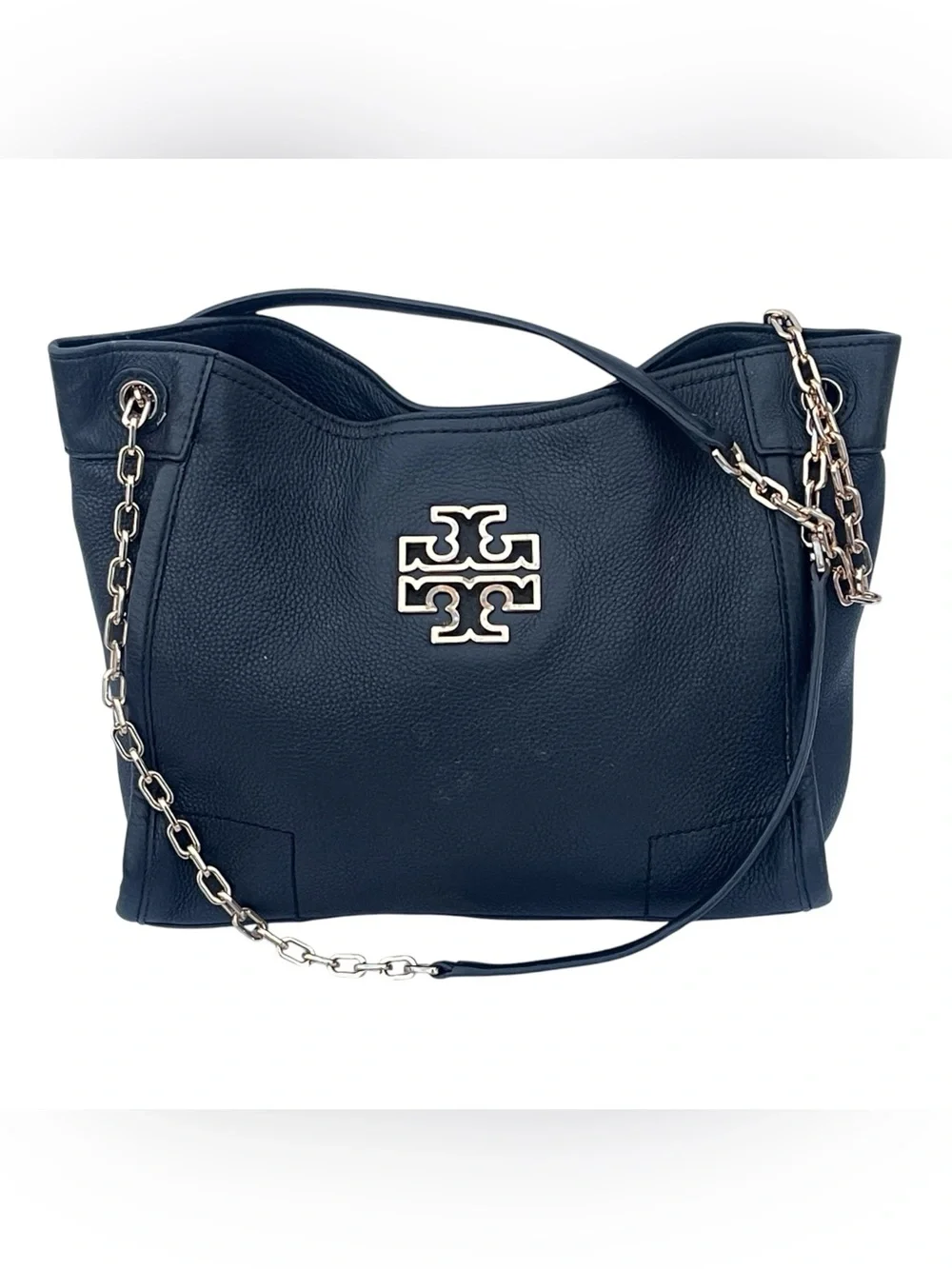 Tory Burch Britten Small Slouchy Tote Black Pebbled Leather Gold Chain Logo Bag